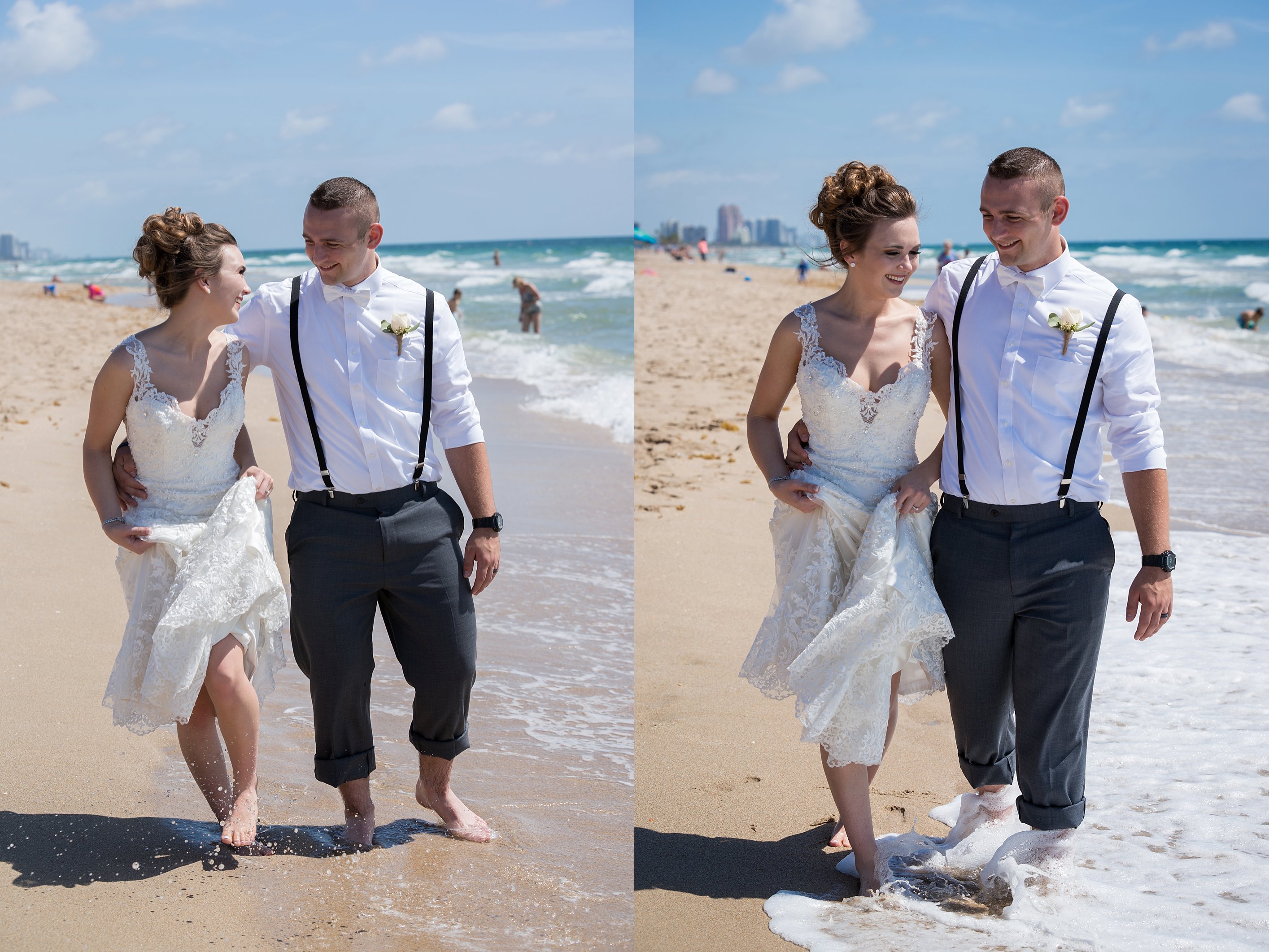 walking in the ocean wedding photo