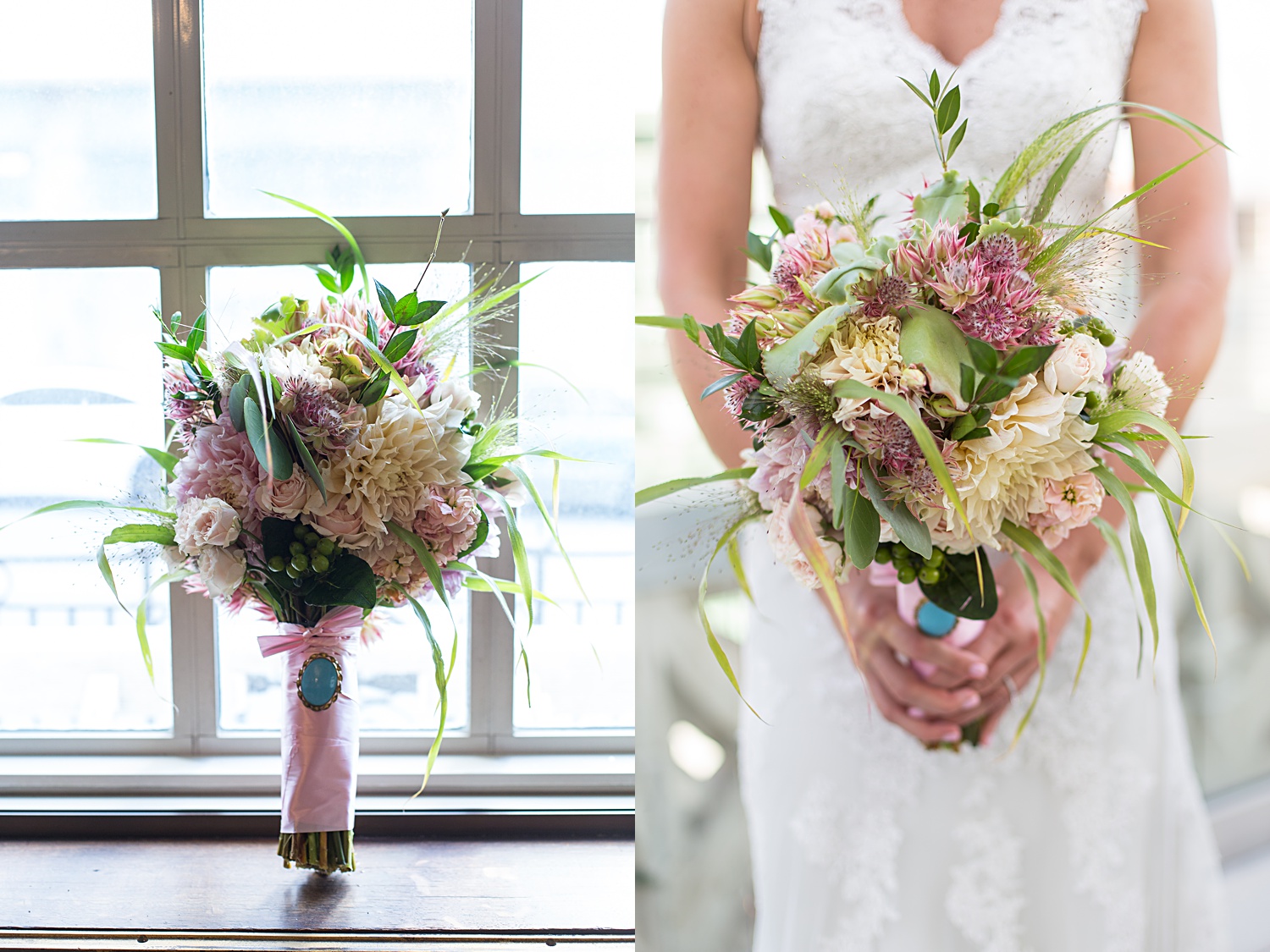 Brass on Baltimore Wedding day details. Bridal bouquet with pinks, greens and yellow