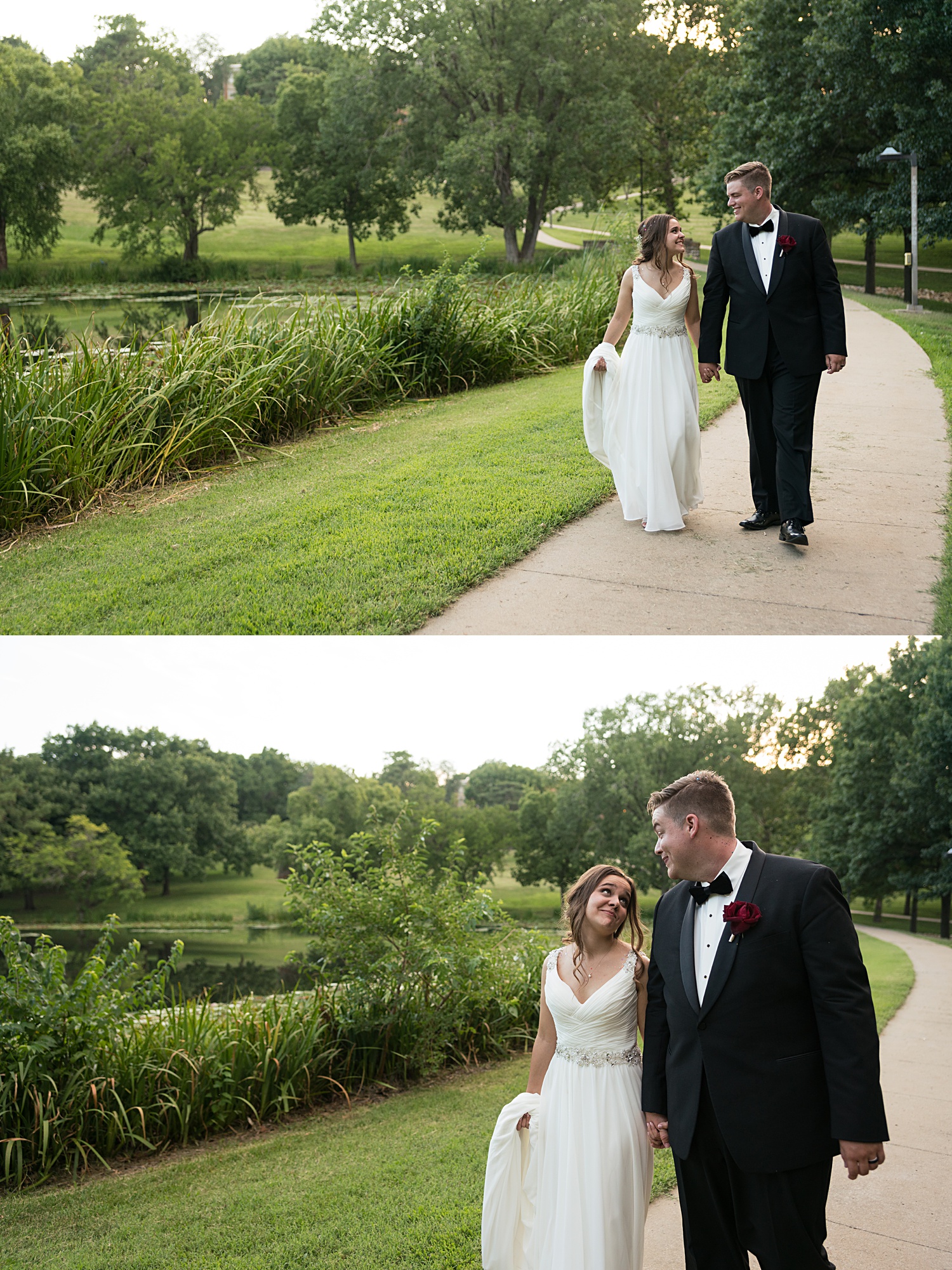 Wedding images of couple at Potter's Lake in Lawrence, KS at KU's campus