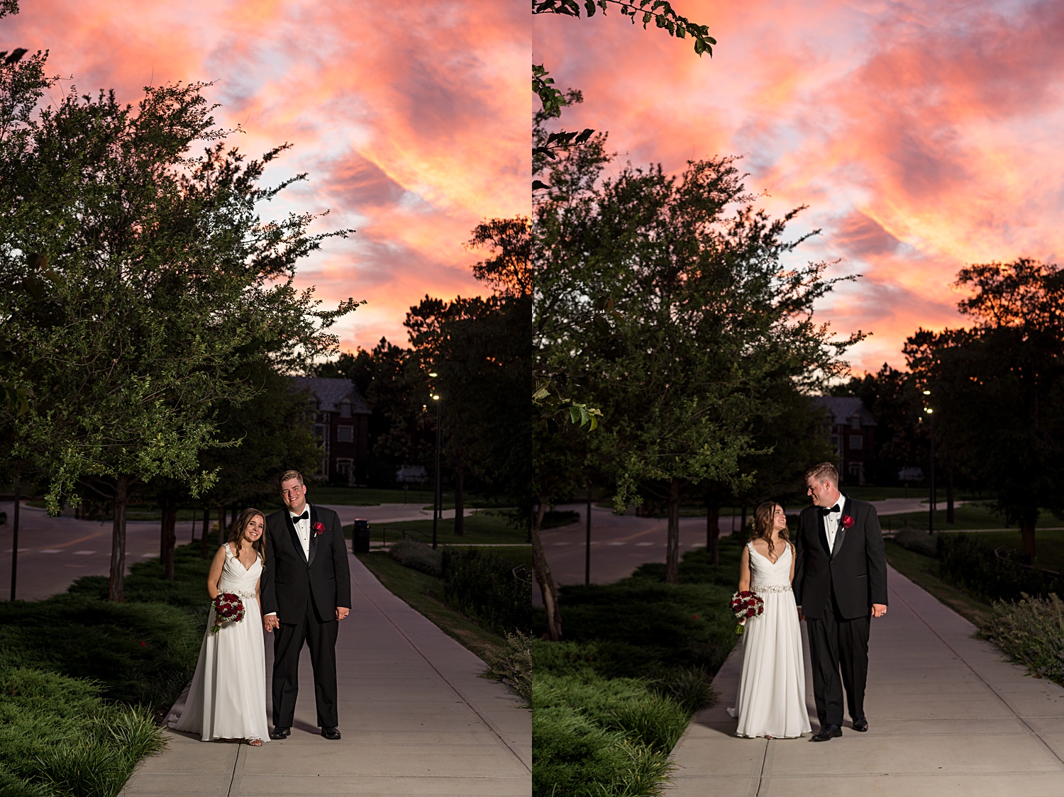Wedding images of couple at Potter's Lake in Lawrence, KS at KU's campus. Sunset photos at KU's Campus.